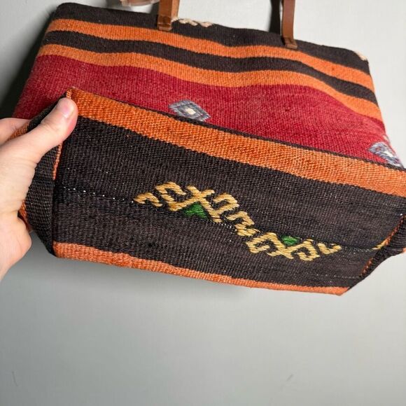 Woven Kilim rug tapestry tote bag leather straps Turkish western Aztec medium si - Picture 3 of 15